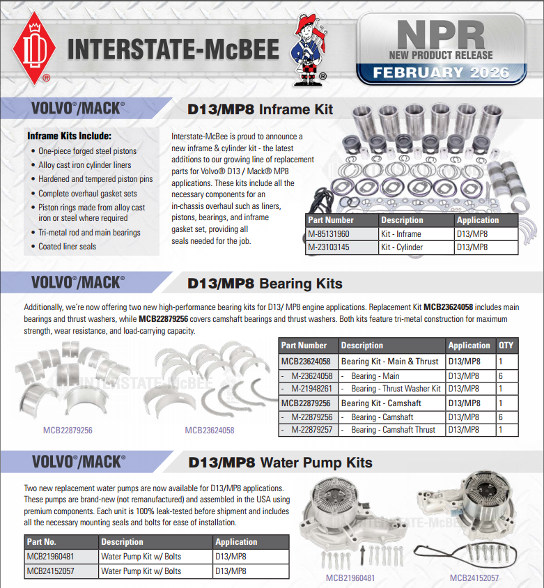 Aftermarket diesel engine parts flyer for Volvo and Mack D13 and MP8 applications